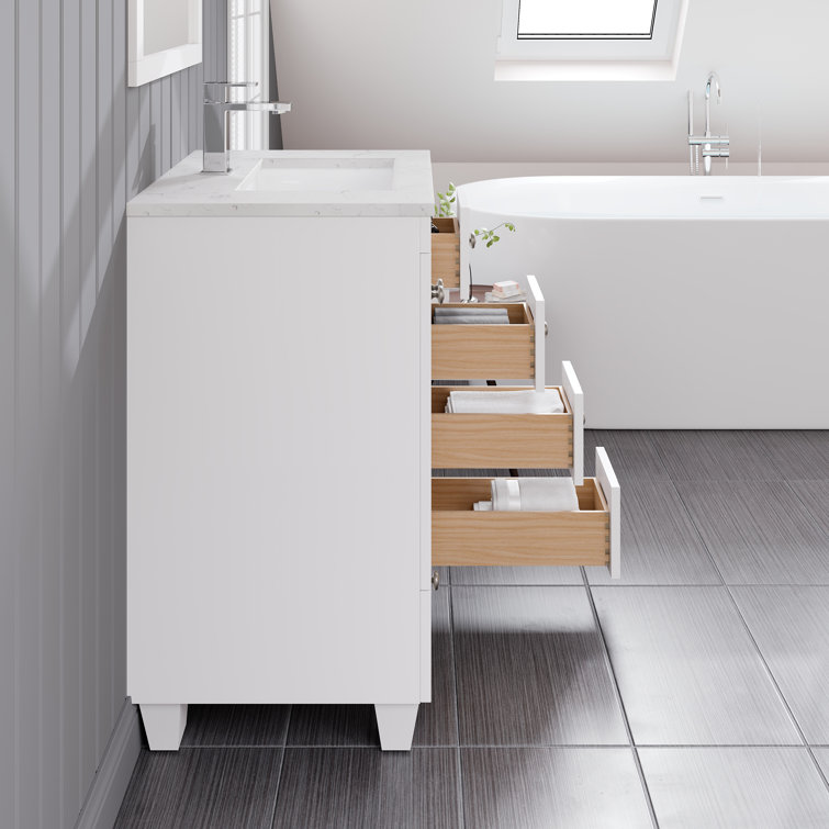 White Carrara Quartz Top Freestanding Bathroom Vanity with Porcelain Sink