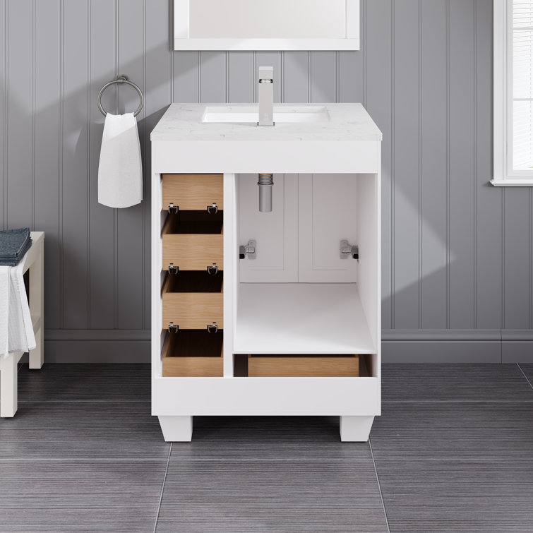 White Carrara Quartz Top Freestanding Bathroom Vanity with Porcelain Sink