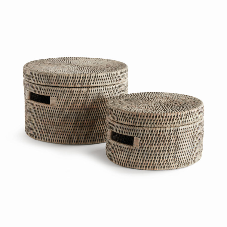 Handwoven Graywash Rattan Round Storage Basket Set