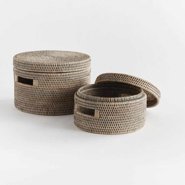 Handwoven Graywash Rattan Round Storage Basket Set