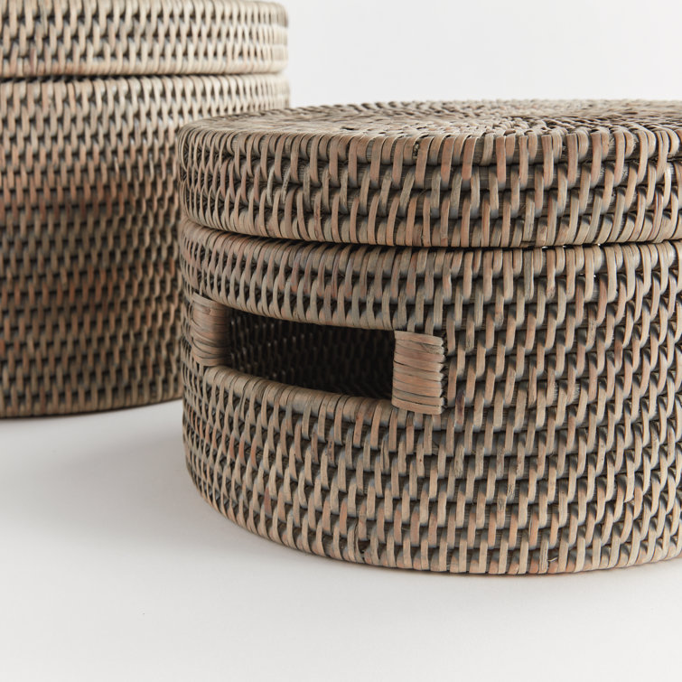 Handwoven Graywash Rattan Round Storage Basket Set