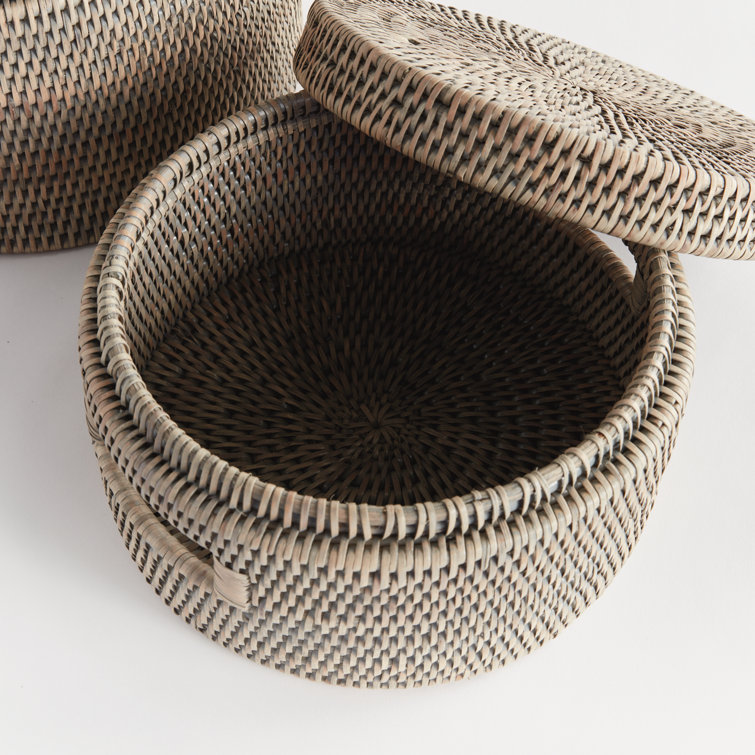 Handwoven Graywash Rattan Round Storage Basket Set