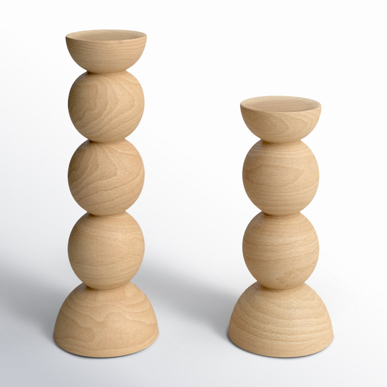 Classic Hand Carved Wooden Stacked Ball Candlestick Set