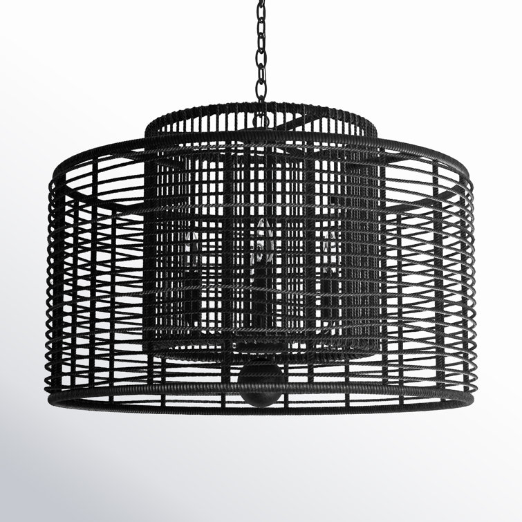Matte Black Drum Filigree 4-Light Chandelier