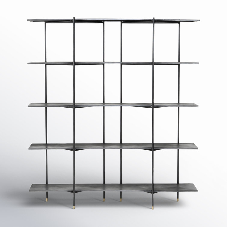 Cait Wide Industrial Black Iron Etagere Bookcase with Brass Accents
