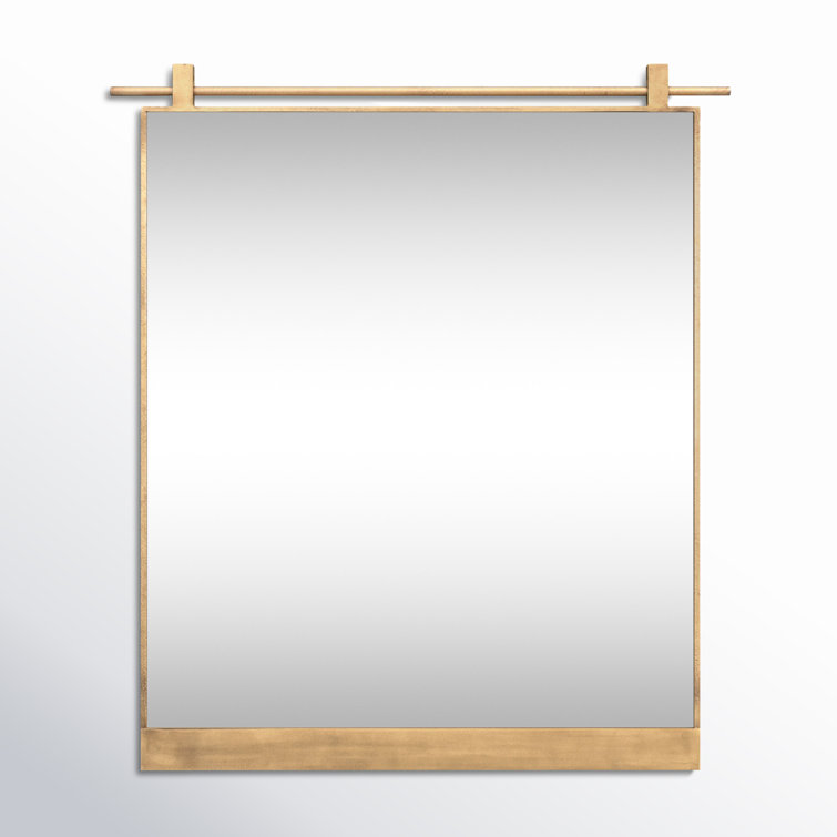Antique Brass Rectangular Bathroom Mirror with Wood Accents