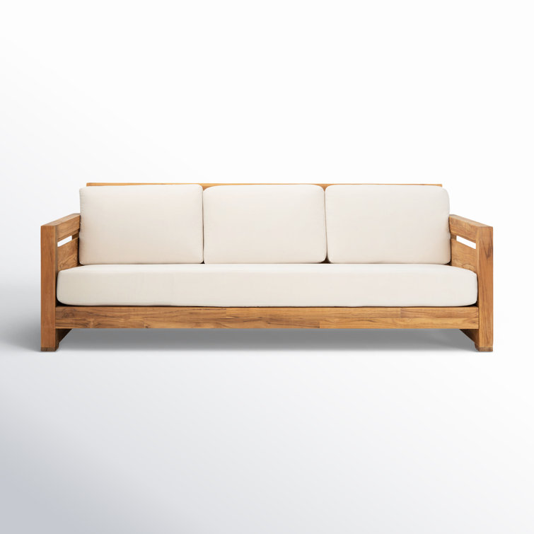 Natural Teak Wood Outdoor 3-Seat Sofa with Cream Cushions