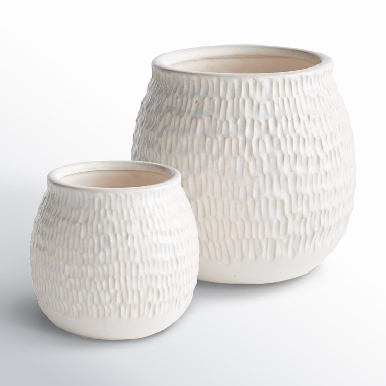 Handcrafted Off-White Textured Stoneware Planter Set