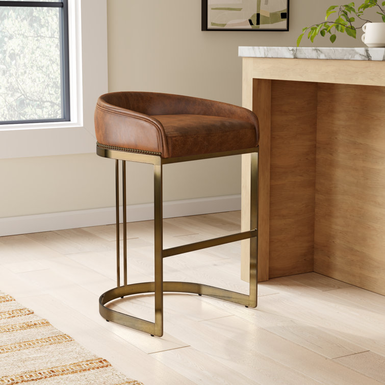 Brown Leather and Gold Metal Saddle Bar Stool