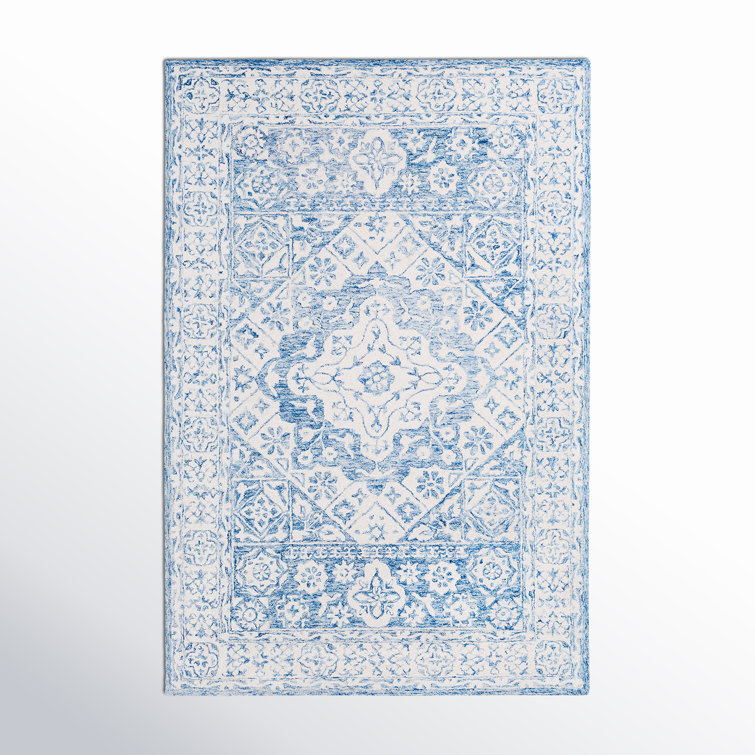 Handmade Blue and White Wool Tufted Rectangular Rug 4' x 6'