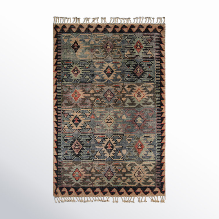 Boho Chic Blue Geometric Hand-Knotted Wool Area Rug 2' x 3'
