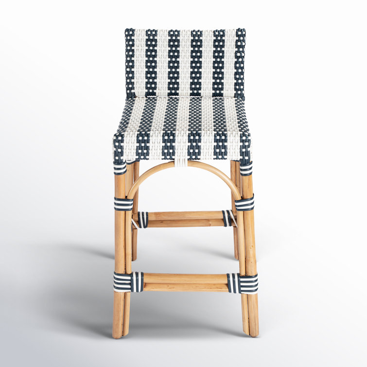 Coastal Charm Rattan and Blue Stripe Low Back Counter Stool