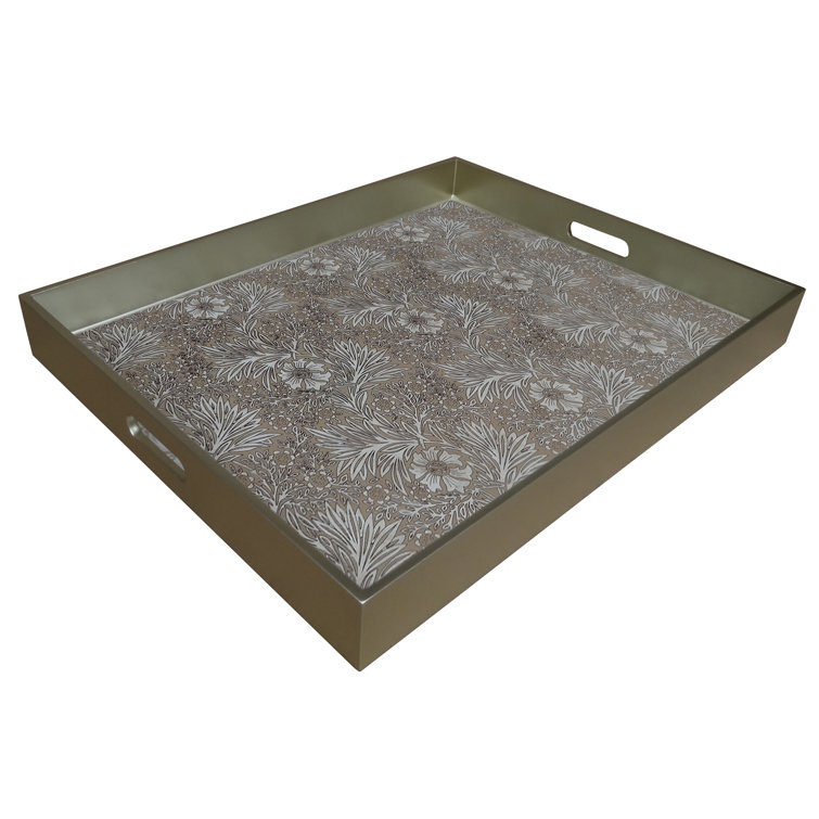 Large Sand Floral Reverse Painted Glass Tray with Handles