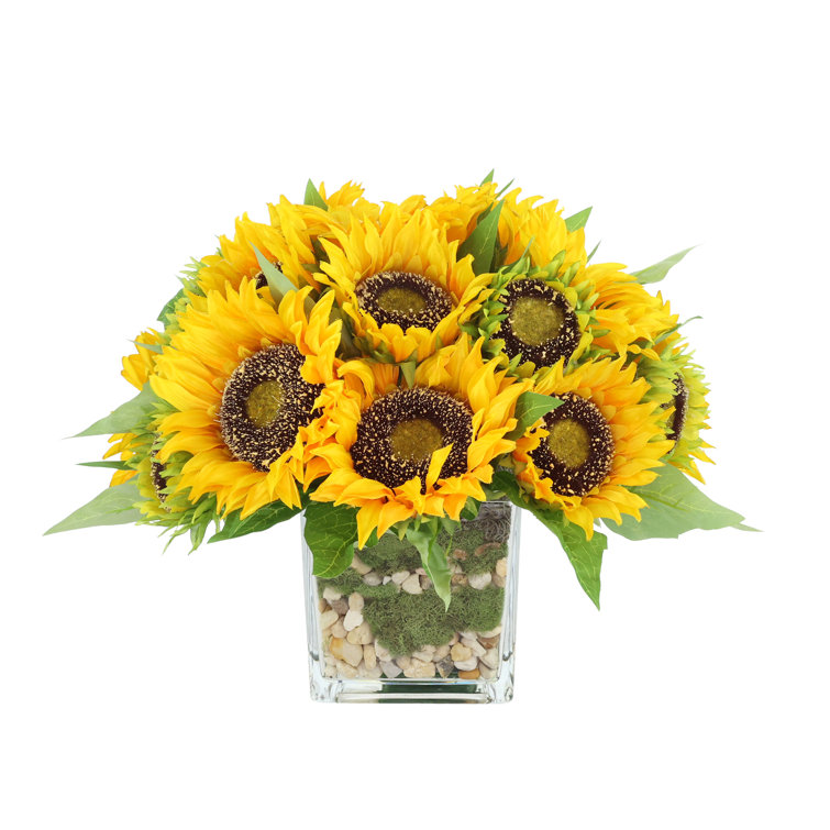 Vibrant Yellow Faux Sunflowers in Clear Glass Vase