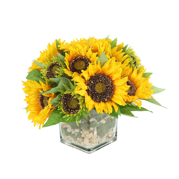 Vibrant Yellow Faux Sunflowers in Clear Glass Vase