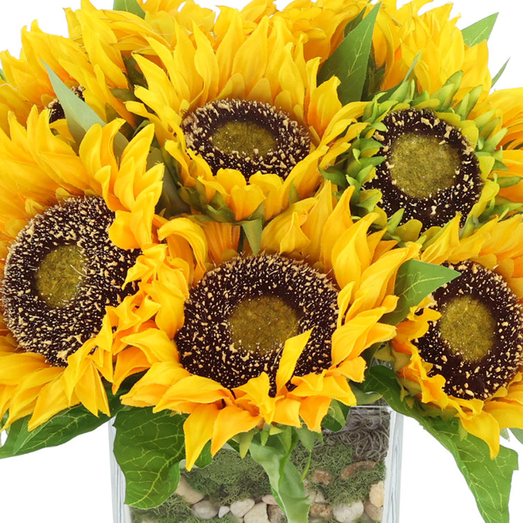 Vibrant Yellow Faux Sunflowers in Clear Glass Vase