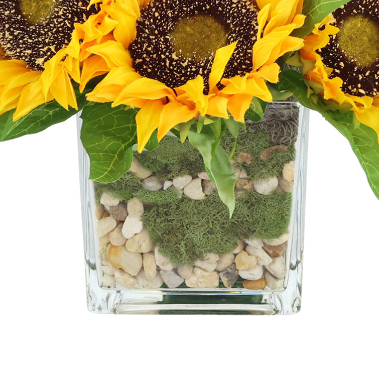 Vibrant Yellow Faux Sunflowers in Clear Glass Vase