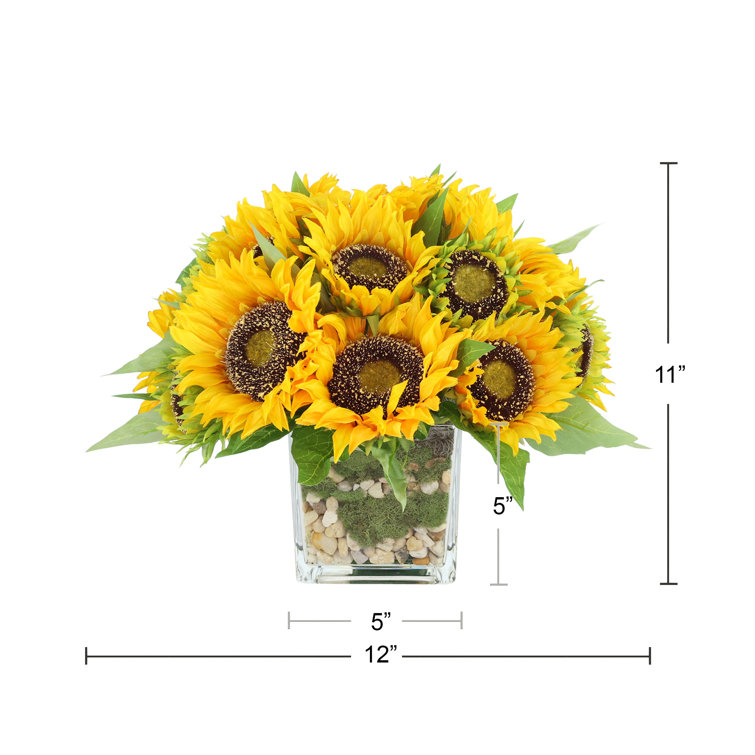 Vibrant Yellow Faux Sunflowers in Clear Glass Vase