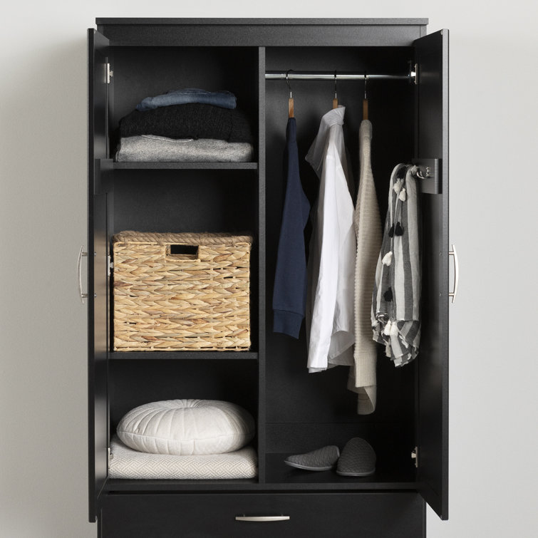 Pure Black Transitional Wardrobe Armoire with Mirror