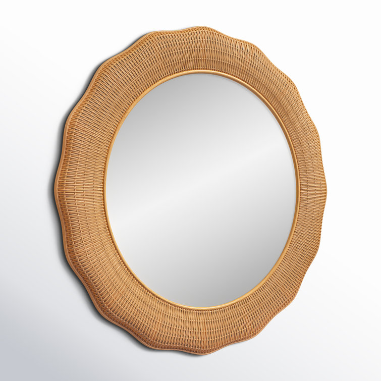 Natural Round Rattan Wall Mirror with Undulating Silhouette