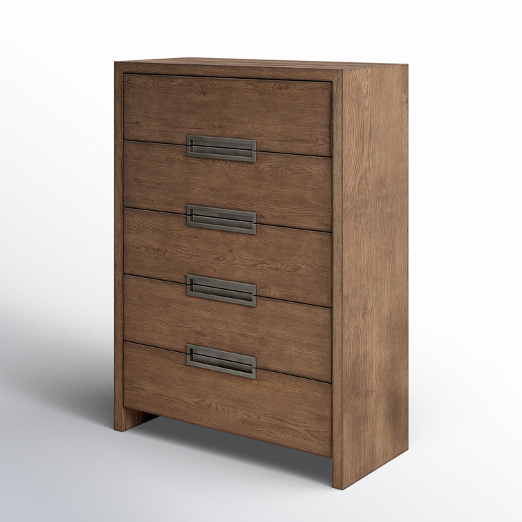Medium Brown Oak 5-Drawer Dresser with Bronze Pulls