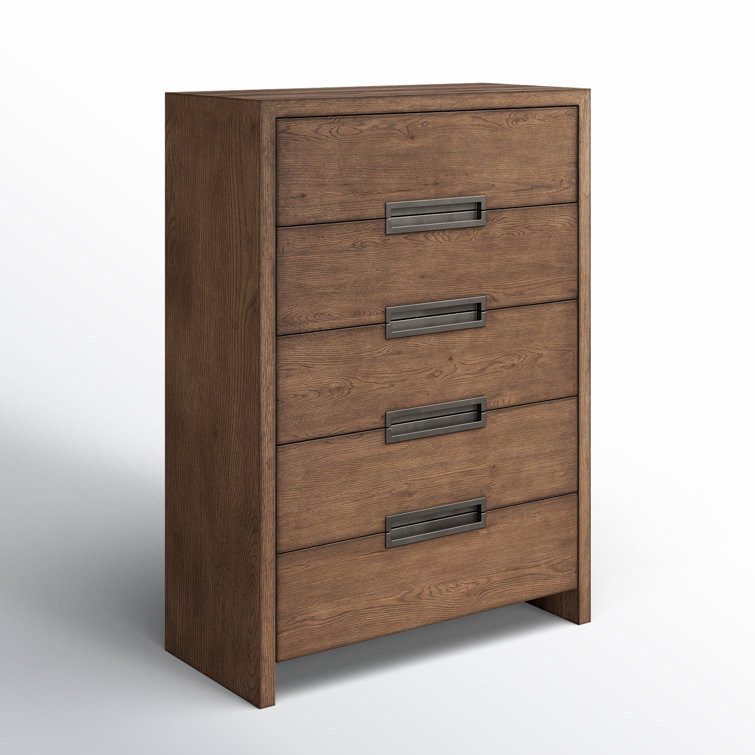 Medium Brown Oak 5-Drawer Dresser with Bronze Pulls