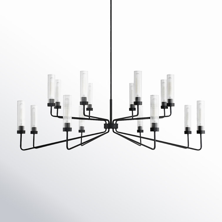 Baker Matte Black 16-Light Chandelier with Clear Ribbed Glass Shades