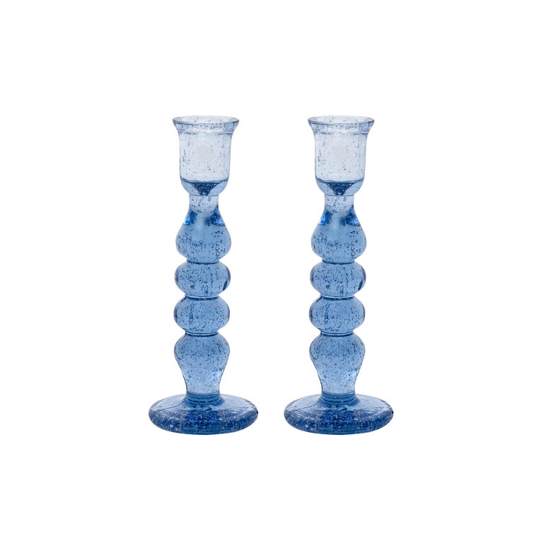 Chambray Blue Glass Hurricane Candlestick Set, 7" Tall