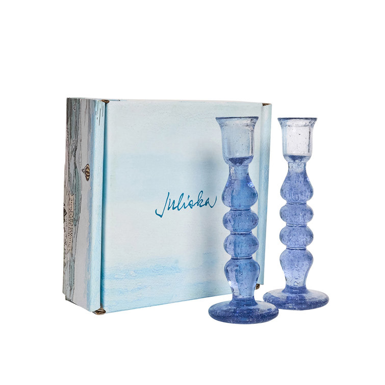 Chambray Blue Glass Hurricane Candlestick Set, 7" Tall