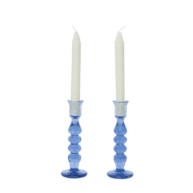 Chambray Blue Glass Hurricane Candlestick Set, 7" Tall