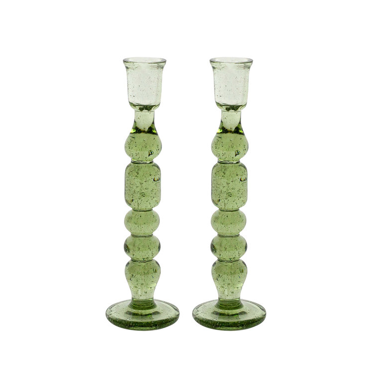 Basil Green Mouth-Blown Glass Hurricane Candlestick Set