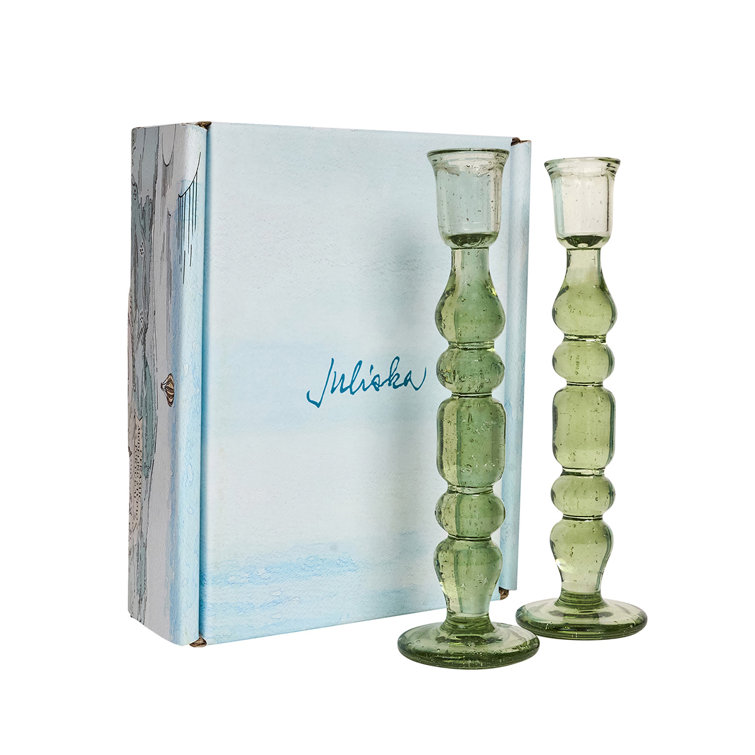 Basil Green Mouth-Blown Glass Hurricane Candlestick Set