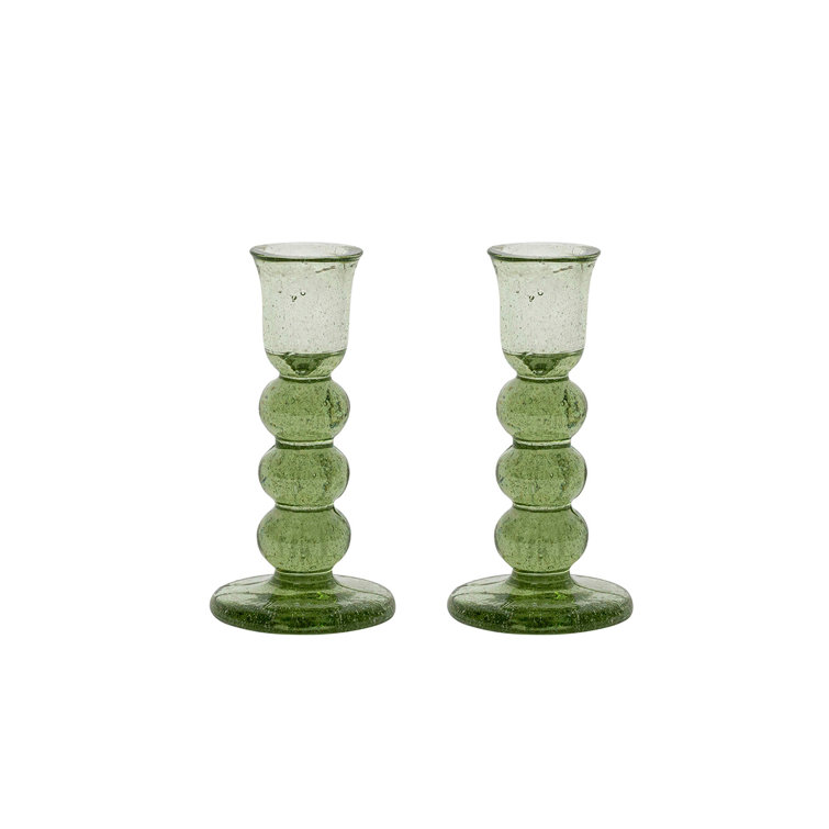 Provence Green Glass Hurricane Candlestick Set, 5" Height