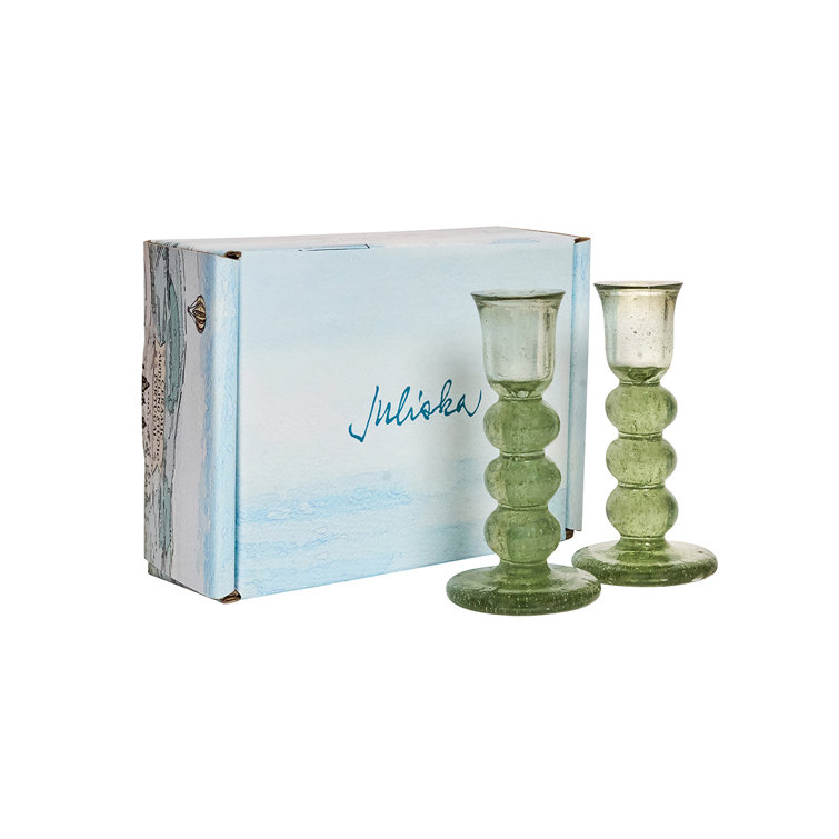 Provence Green Glass Hurricane Candlestick Set, 5" Height