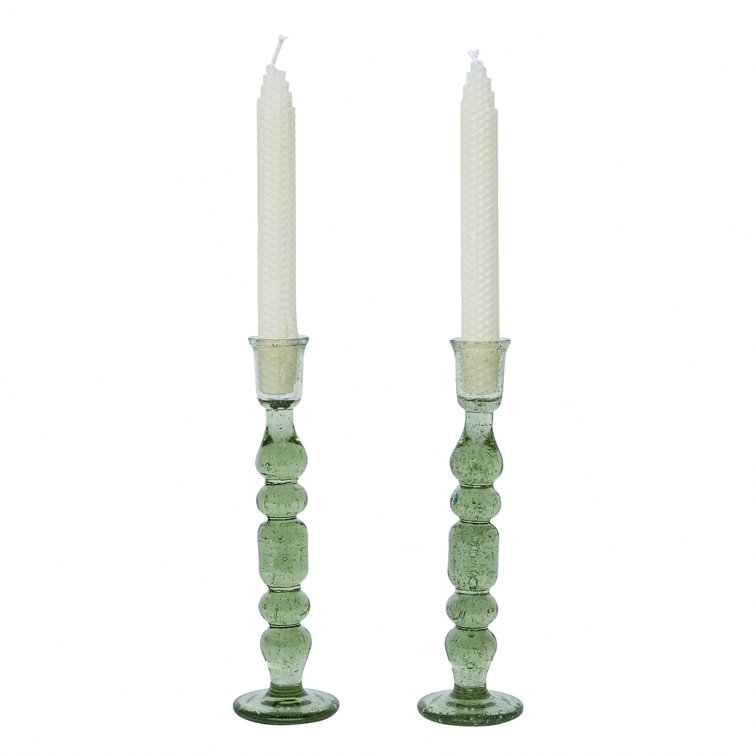 Basil Green Mouth-Blown Glass Hurricane Candlestick Set