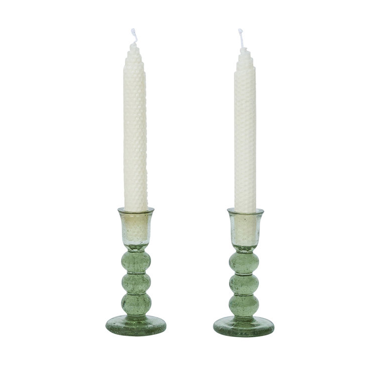 Provence Green Glass Hurricane Candlestick Set, 5" Height