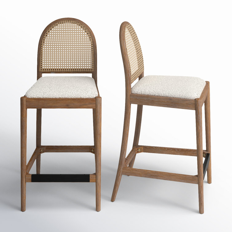 Ivory White Boucle and Oak Curved Bar Stools, Set of 2