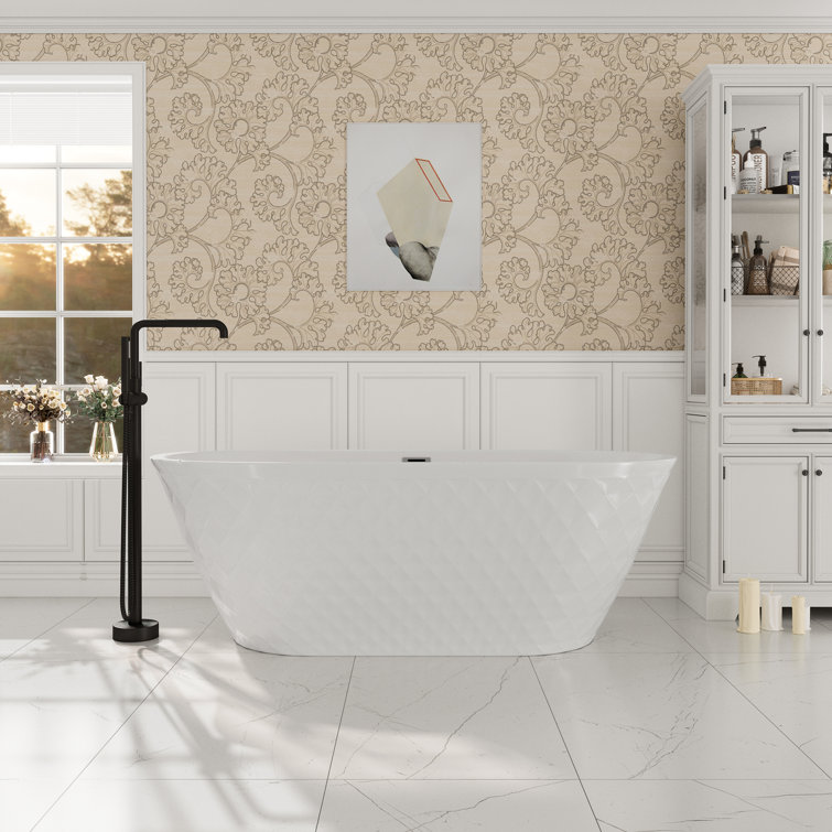 White Diamond Pattern Acrylic Freestanding Soaking Bathtub