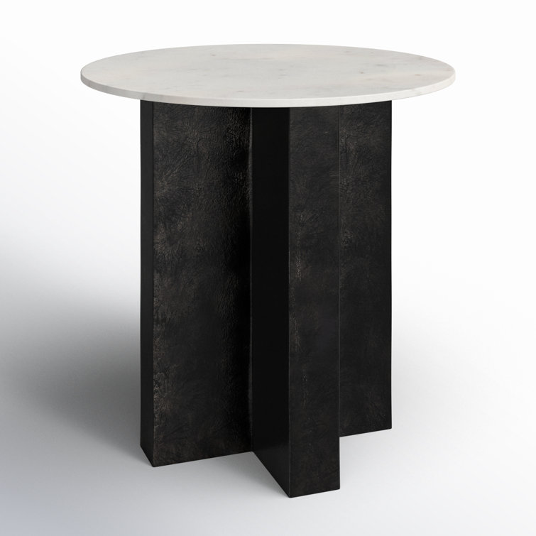 22" Black and White Marble Round End Table with Aluminum Base