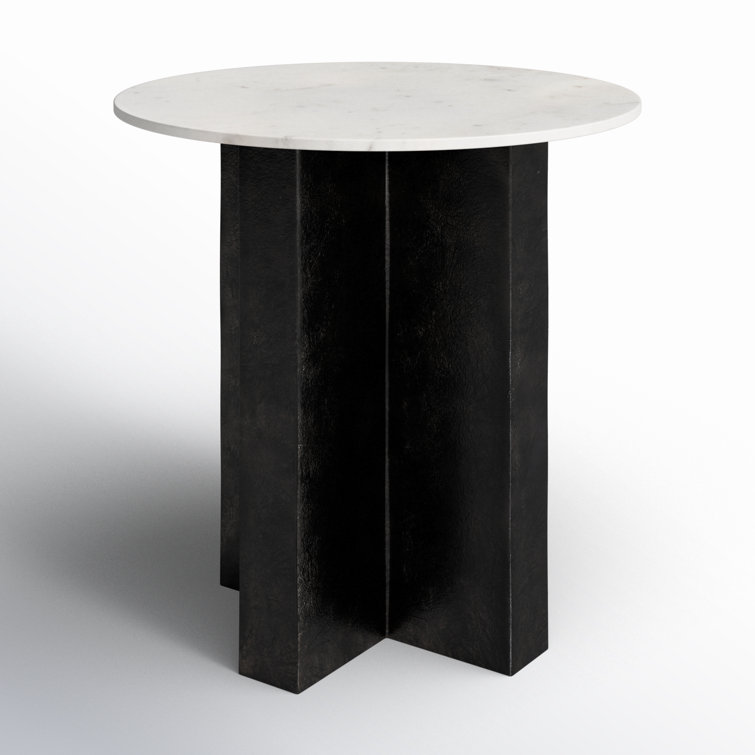 22" Black and White Marble Round End Table with Aluminum Base