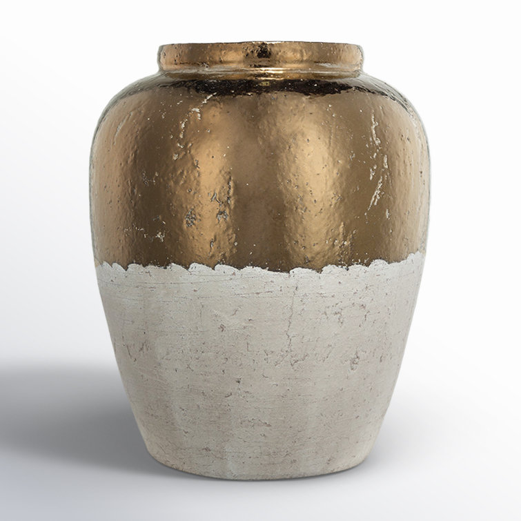 Candia 15.8'' Matte Beige and Metallic Copper Ceramic Vase