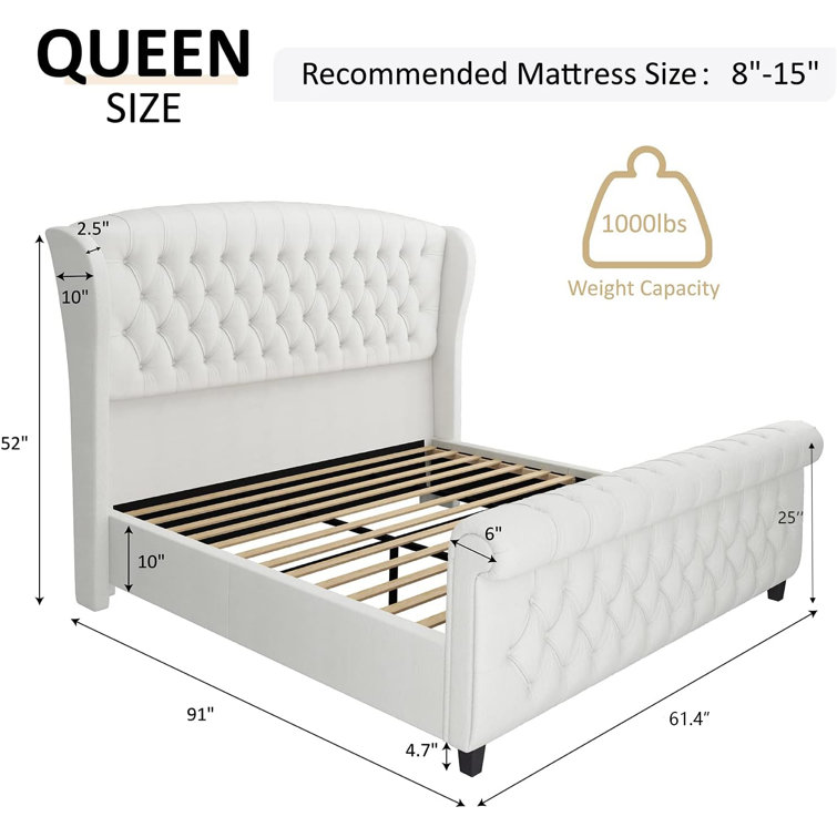 Cream Chenille Upholstered Queen Sleigh Bed with Tufted Headboard