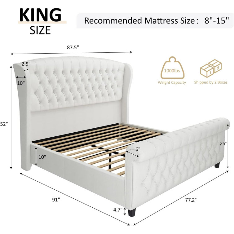 Cream Chenille Upholstered King Sleigh Bed with Tufted Headboard