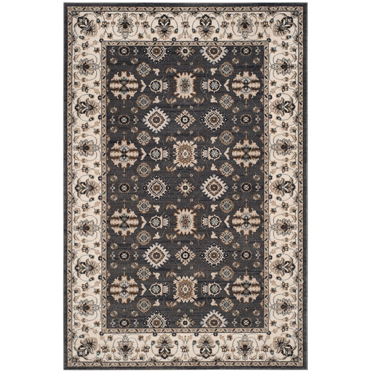 Gray and Cream Floral Synthetic Rectangle Area Rug