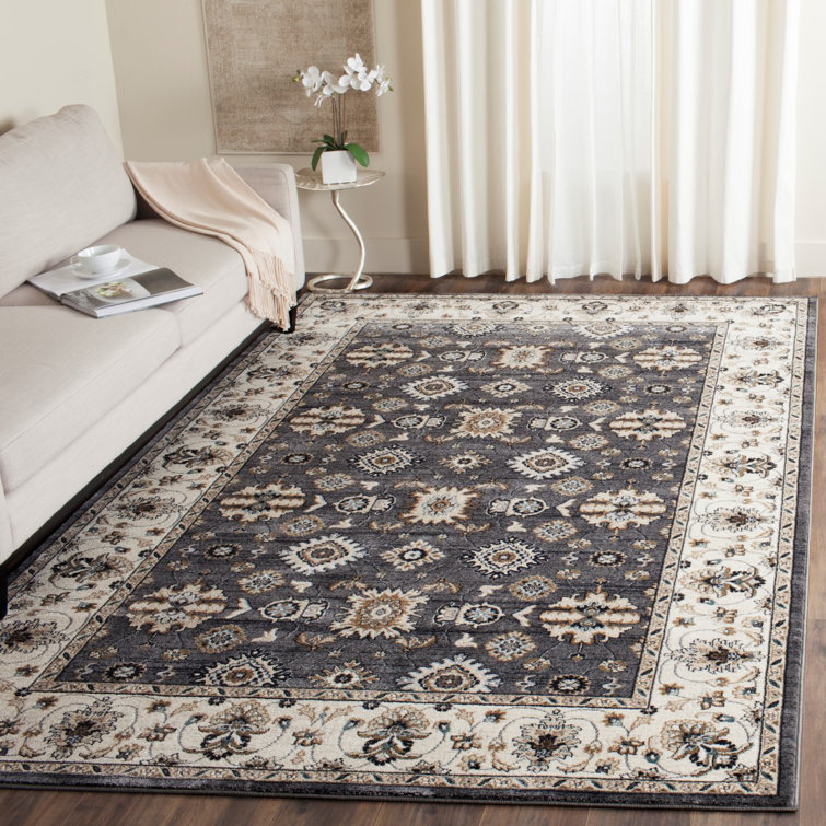 Gray and Cream Floral Synthetic Rectangle Area Rug