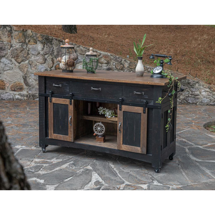 Dosha Black and Brown Solid Wood Rustic Kitchen Island