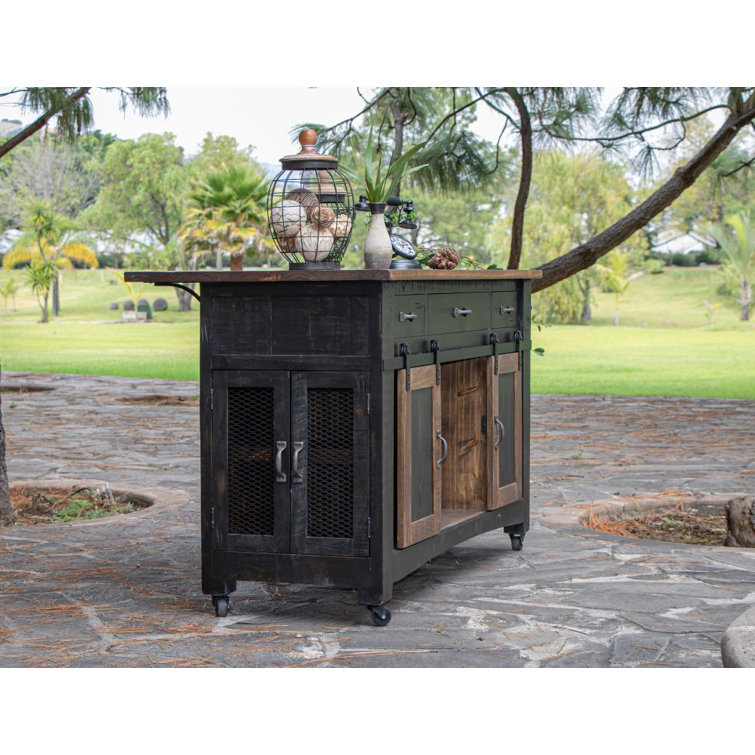 Dosha Black and Brown Solid Wood Rustic Kitchen Island