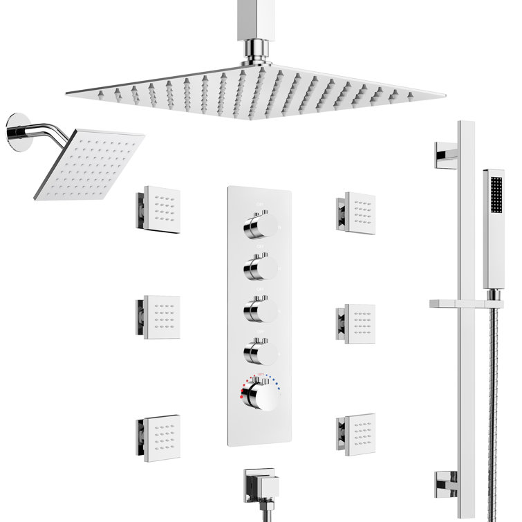 Chrome Dual Rainfall Shower System with Body Jets and Handheld