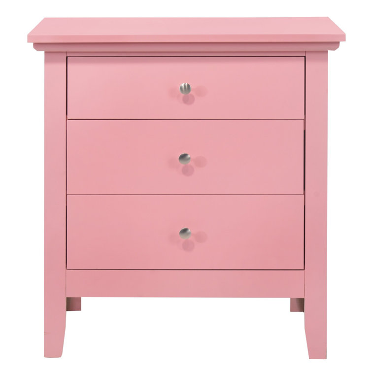 Transitional Pink 3-Drawer Nightstand with Nickel Accents