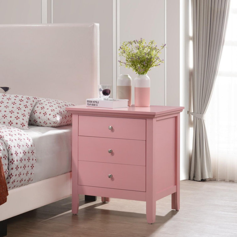 Transitional Pink 3-Drawer Nightstand with Nickel Accents